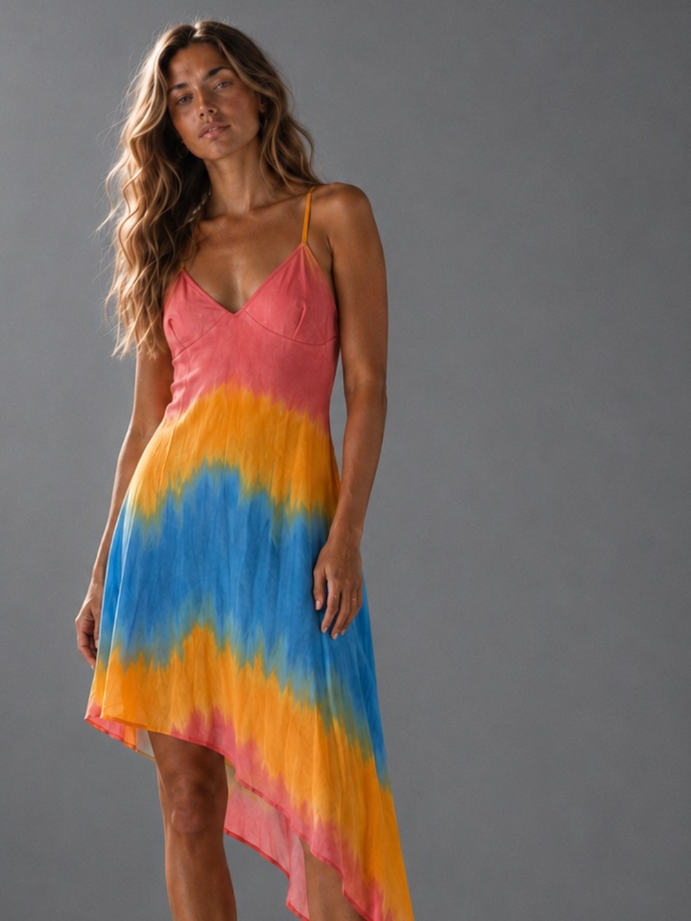 ASOS Pink, Yellow & Blue Asymmetrical Tie-Dye Slip Dress